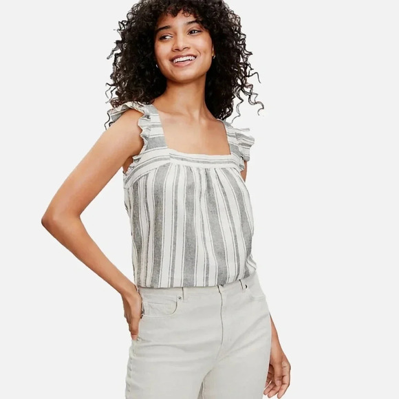 Loft Striped Ruffle Shoulder Linen Blend Shell Tank - Picture 2 of 8